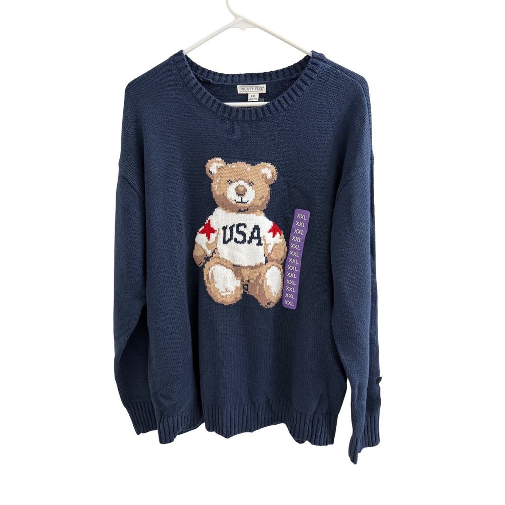 Mighty Fine USA Teddy Bear Navy Blue Knit Crewneck Sweater XXL NWT